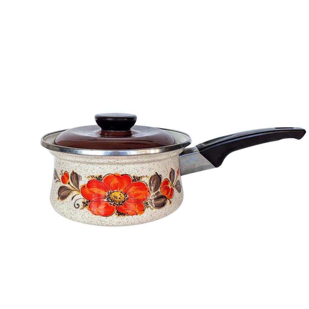 1970s Sanko Enamelware Saucepan with Orange Flowers